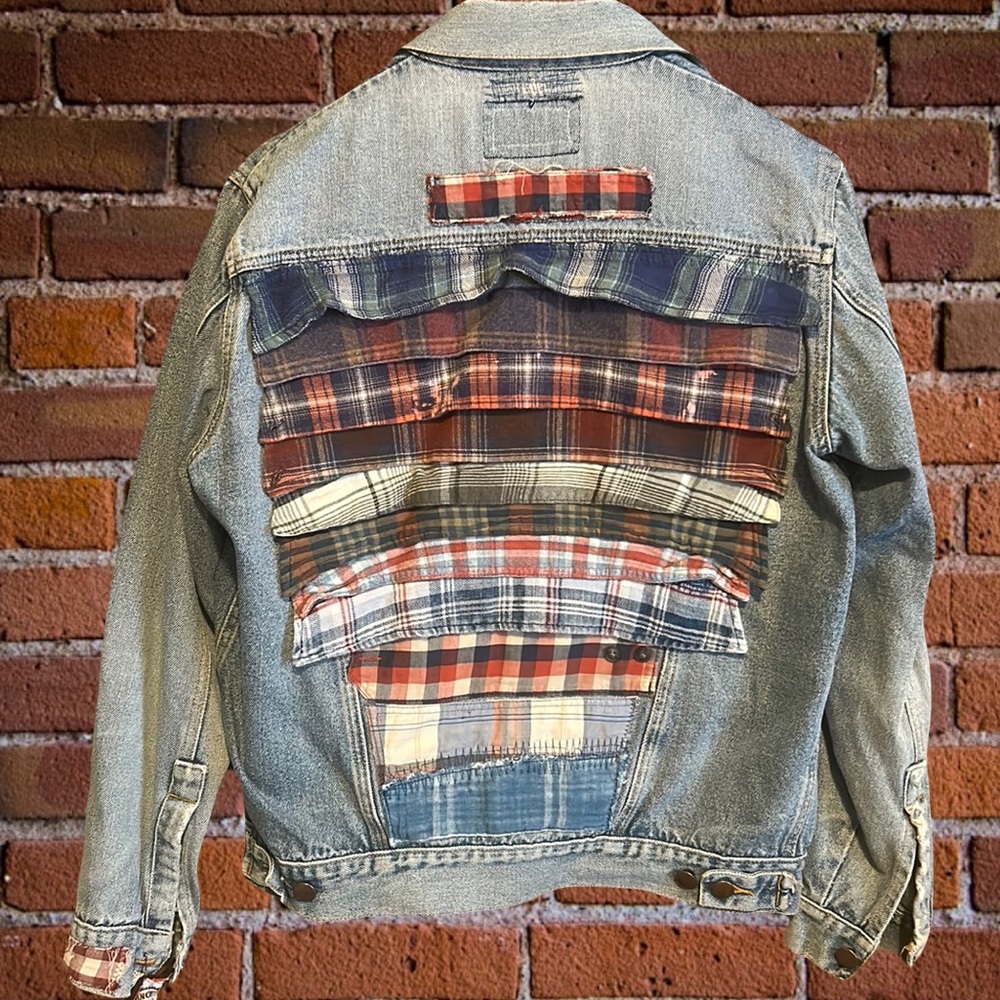 Upcycled plaid patched distressed vintage jean jacket